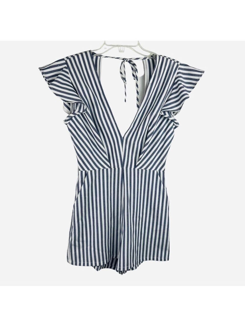 New-shop17 Vertical Striped Deep V-neck, Open Tie Back, Flutter Sleeve Romper SM